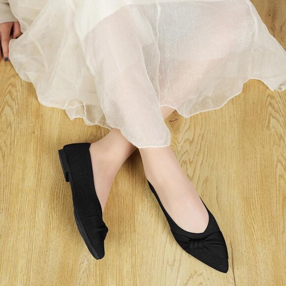 Women's Pointed Toe Knit Black Flats Comfortable Lightweight Dressy Casual Shoes - Picture 5 of 9